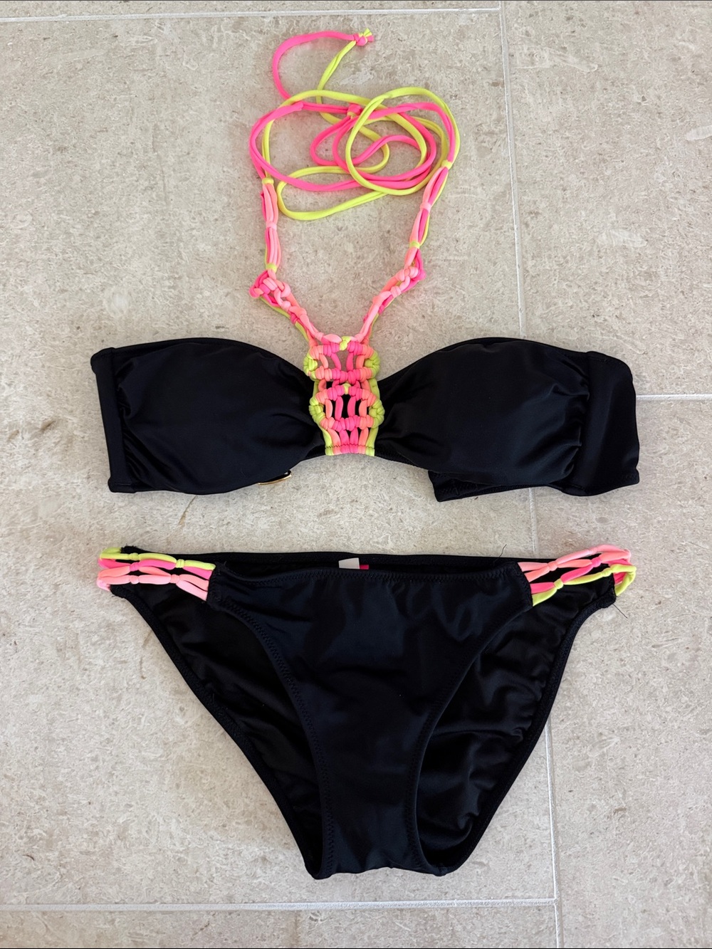 Victoria's Secret Black Bikini with Neon Halter and Braided Bottom